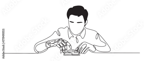Simple continuous line drawing of An engineer is programming a robotic hand. one line Icon drawing with white background