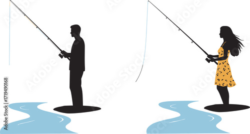 A man and a woman fishing in a river, a silhouette vector illustration of a couple enjoying an outdoor hobby and recreation.