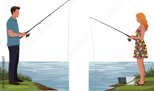 A man and a woman fishing in a river, a silhouette vector illustration of a couple enjoying an outdoor hobby and recreation.