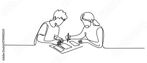 One continuous line drawing of two young people are designing a project on paper. one line Icon drawing with white background