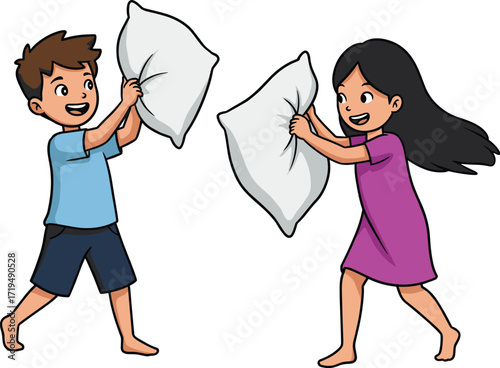Happy children having a pillow fight, a boy and a girl playfully hitting each other with pillows, a fun indoor activity.