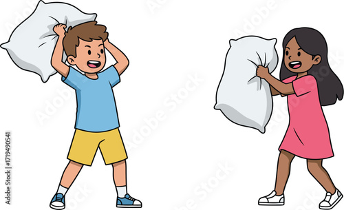 Happy children having a pillow fight, a boy and a girl playfully hitting each other with pillows, a fun indoor activity.