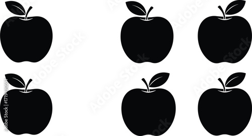 Black apple fruit silhouettes with different leaf orientations, simple vector icons for pattern recognition, education, food design, minimal illustration