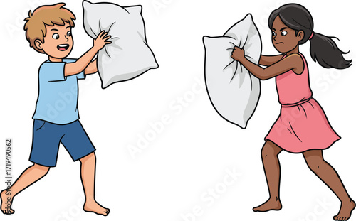 Happy children having a pillow fight, a boy and a girl playfully hitting each other with pillows, a fun indoor activity.