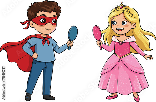 Children dressed as a superhero and a princess, looking in mirrors and playing pretend, celebrating childhood imagination and fantasy.