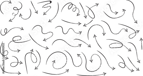 A collection of handdrawn arrows with a distressed texture, isolated on a white background, showing various directions and curved paths, perfect for design elements and indicating movement