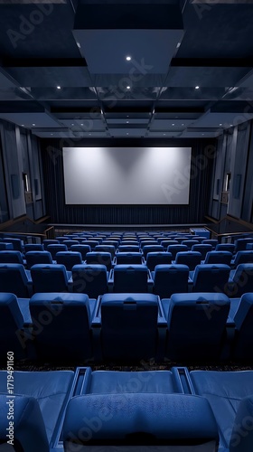 Empty cinema hall with blue seats and large screen
