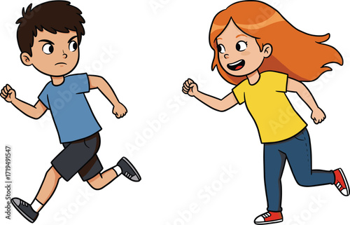 An illustration of two kids, a boy and a girl, running and playing outdoors with different emotions, capturing a sense of childhood fun.