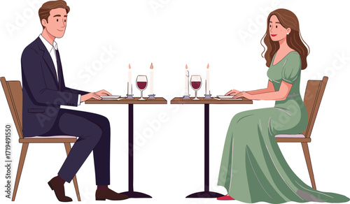 A diverse illustration set featuring romantic dinners for same-sex couples, capturing the joy of celebrating love on a special night out.