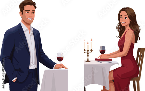 A diverse illustration set featuring romantic dinners for same-sex couples, capturing the joy of celebrating love on a special night out.