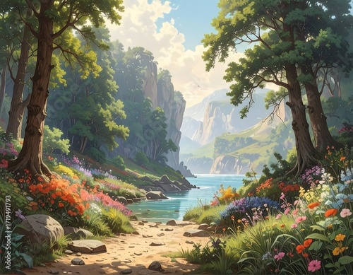 Lush, sun-drenched landscape path
