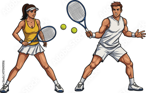 Young man and woman playing a competitive game of tennis, with balls in the air and rackets ready for action.