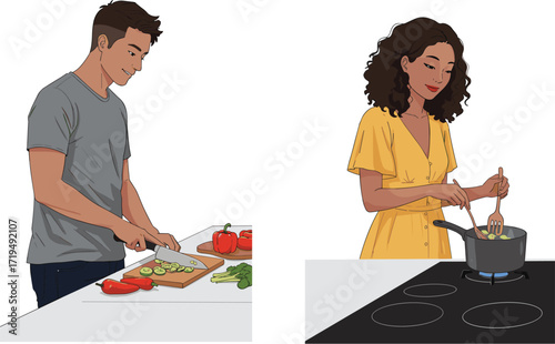 Happy young couple cooking dinner together in a modern kitchen, man chopping vegetables while woman stirs a pot.