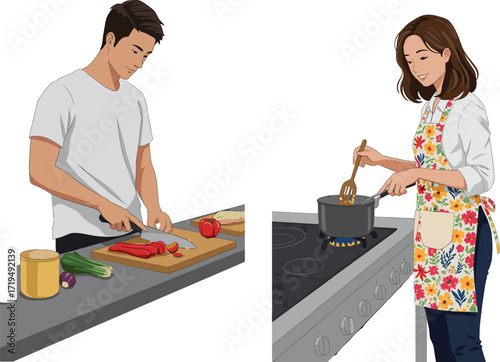 Happy young couple cooking dinner together in a modern kitchen, man chopping vegetables while woman stirs a pot.