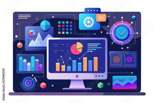 Modern digital workspace showing artificial intelligence technology with holographic data analytics and virtual dashboards. A professional working on a laptop surrounded by futuristic AI visualization