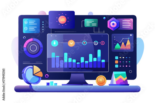 Modern digital workspace showing artificial intelligence technology with holographic data analytics and virtual dashboards. A professional working on a laptop surrounded by futuristic AI visualization