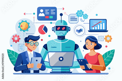 Modern digital workspace showing artificial intelligence technology with holographic data analytics and virtual dashboards. A professional working on a laptop surrounded by futuristic AI visualization