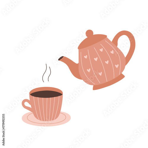 A mug, saucer, and teapot with a decorative pattern. Vector illustration with a custom ceramic tableware concept.
