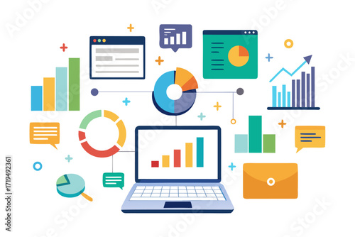 Modern digital workspace showing artificial intelligence technology with holographic data analytics and virtual dashboards. A professional working on a laptop surrounded by futuristic AI visualization