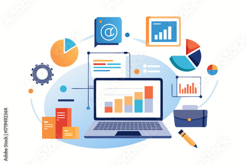 Modern digital workspace showing artificial intelligence technology with holographic data analytics and virtual dashboards. A professional working on a laptop surrounded by futuristic AI visualization