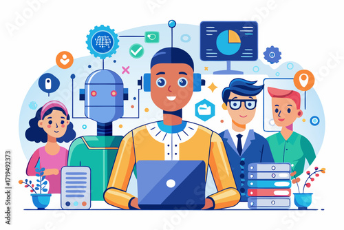 Modern digital workspace showing artificial intelligence technology with holographic data analytics and virtual dashboards. A professional working on a laptop surrounded by futuristic AI visualization