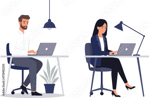 A businessman and a businesswoman working on their laptops, professional colleagues collaborating in a corporate office environment.