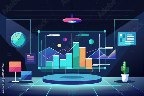 Modern digital workspace showing artificial intelligence technology with holographic data analytics and virtual dashboards. A professional working on a laptop surrounded by futuristic AI visualization