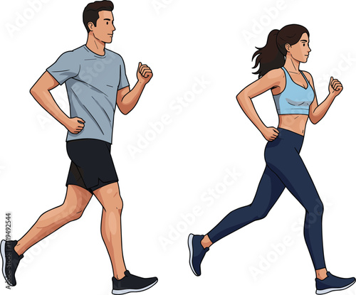 A man and a woman running together, a young athletic couple jogging in sports clothing, an active lifestyle and healthy fitness concept.