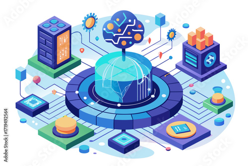 Modern digital workspace showing artificial intelligence technology with holographic data analytics and virtual dashboards. A professional working on a laptop surrounded by futuristic AI visualization