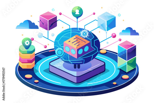 Modern digital workspace showing artificial intelligence technology with holographic data analytics and virtual dashboards. A professional working on a laptop surrounded by futuristic AI visualization