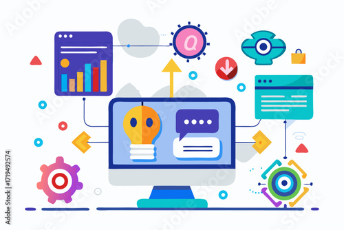 Modern digital workspace showing artificial intelligence technology with holographic data analytics and virtual dashboards. A professional working on a laptop surrounded by futuristic AI visualization