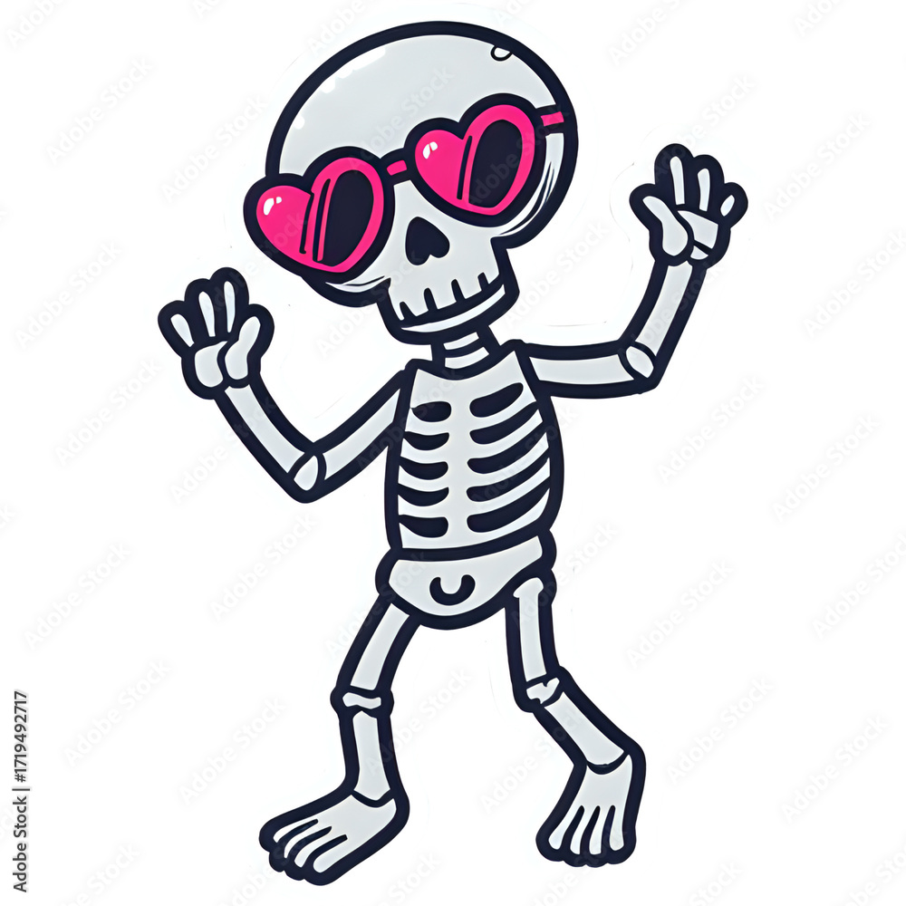 Fototapeta premium A cute skeleton wearing heart-shaped sunglasses, dancing | funny cartoon zombie | funny cartoon character | funny cartoon zombie with mask | funny cartoon man | cartoon heart with a big smile | funny 