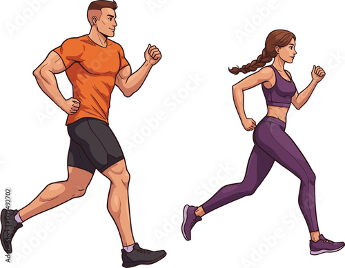 A man and a woman running together, a young athletic couple jogging in sports clothing, an active lifestyle and healthy fitness concept.