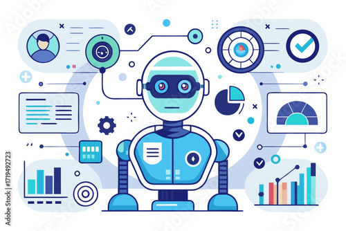 Modern digital workspace showing artificial intelligence technology with holographic data analytics and virtual dashboards. A professional working on a laptop surrounded by futuristic AI visualization