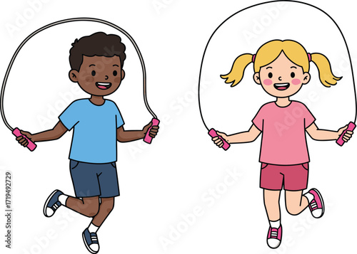 A happy little boy and a cheerful girl jumping rope together, two kids playing and doing a fun fitness activity outdoors.