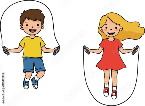 A happy little boy and a cheerful girl jumping rope together, two kids playing and doing a fun fitness activity outdoors.