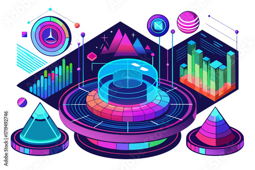 Modern digital workspace showing artificial intelligence technology with holographic data analytics and virtual dashboards. A professional working on a laptop surrounded by futuristic AI visualization