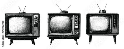 Retro vintage television vector set and old tv illustrations with halftone effect