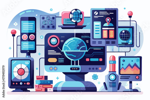 Modern digital workspace showing artificial intelligence technology with holographic data analytics and virtual dashboards. A professional working on a laptop surrounded by futuristic AI visualization