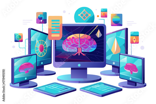 Modern digital workspace showing artificial intelligence technology with holographic data analytics and virtual dashboards. A professional working on a laptop surrounded by futuristic AI visualization
