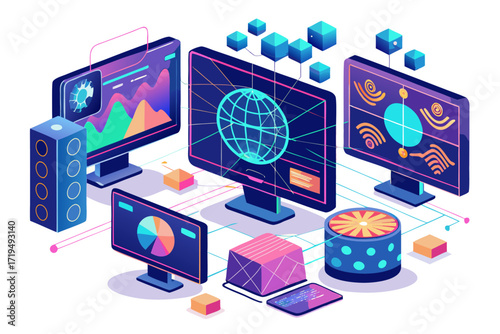 Modern digital workspace showing artificial intelligence technology with holographic data analytics and virtual dashboards. A professional working on a laptop surrounded by futuristic AI visualization
