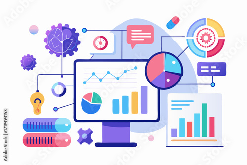 Modern digital workspace showing artificial intelligence technology with holographic data analytics and virtual dashboards. A professional working on a laptop surrounded by futuristic AI visualization