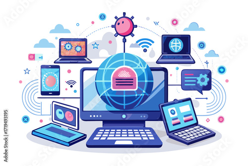 Modern digital workspace showing artificial intelligence technology with holographic data analytics and virtual dashboards. A professional working on a laptop surrounded by futuristic AI visualization