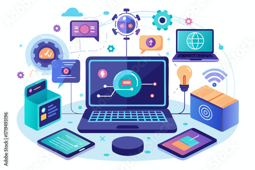 Modern digital workspace showing artificial intelligence technology with holographic data analytics and virtual dashboards. A professional working on a laptop surrounded by futuristic AI visualization