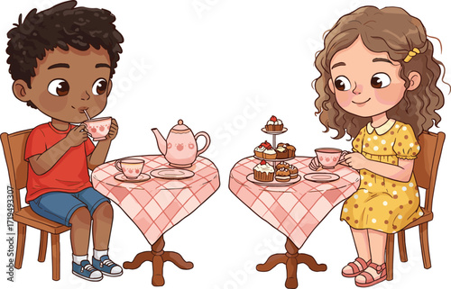 Two happy children enjoying a delightful tea party with teacups and pastries, sharing a fun and imaginative playdate.