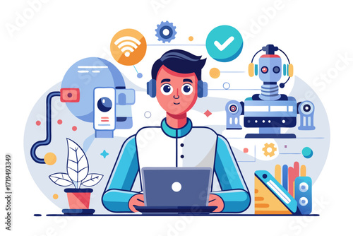 Modern digital workspace showing artificial intelligence technology with holographic data analytics and virtual dashboards. A professional working on a laptop surrounded by futuristic AI visualization