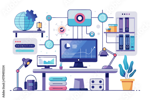 Modern digital workspace showing artificial intelligence technology with holographic data analytics and virtual dashboards. A professional working on a laptop surrounded by futuristic AI visualization