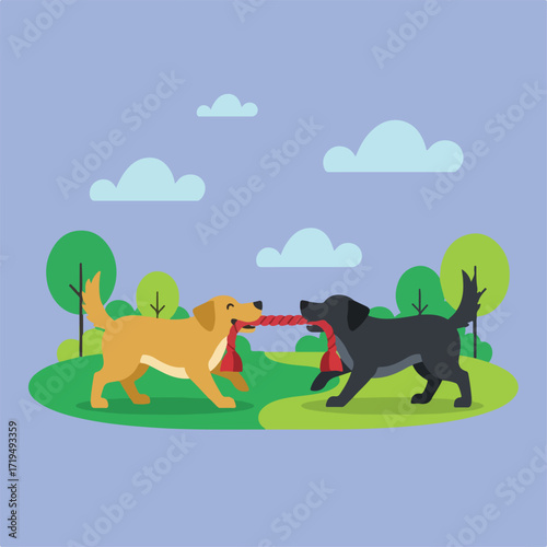 A cartoon illustration depicts two dogs, one golden and one black, playing tug-of-war with a red rope in a park-like setting under a blue sky with fluffy clouds.