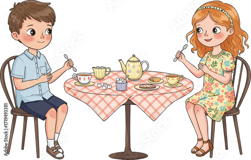 Two happy children enjoying a delightful tea party with teacups and pastries, sharing a fun and imaginative playdate.
