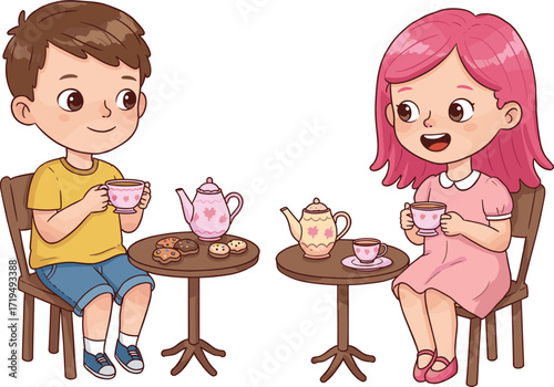 Two happy children enjoying a delightful tea party with teacups and pastries, sharing a fun and imaginative playdate.